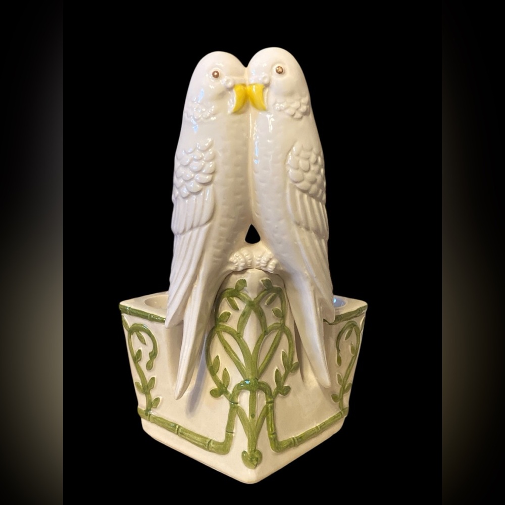 Enesco White and Green Lovebird candle holder holds 2 candles